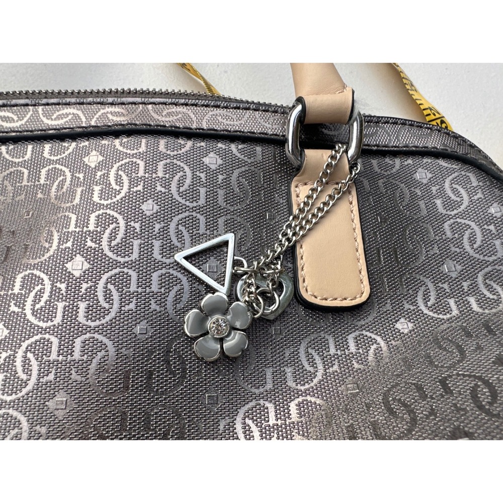 Guess Satchel Handbag Metallic Pewter Logo Embossed Tan Handles Leopard Lining - Picture 4 of 12